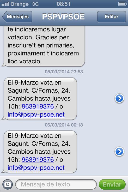 Mensaje enviado por PSPV PSOE convocando para votar en las primarias